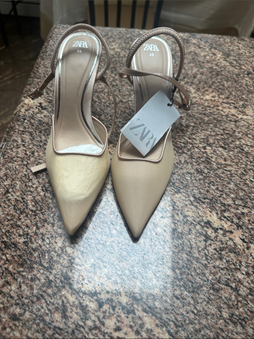 NWT ZARA Nude Pointed Toe Slingback Heels size 38